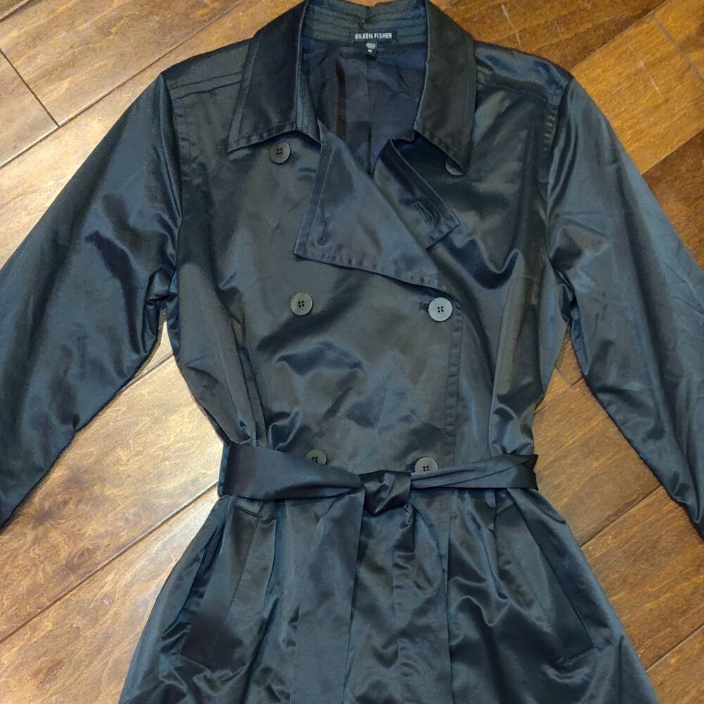 Eileen Fisher Black Belted Double Breasted Trench Coat SIZE MEDIUM - Picture 2 of 10